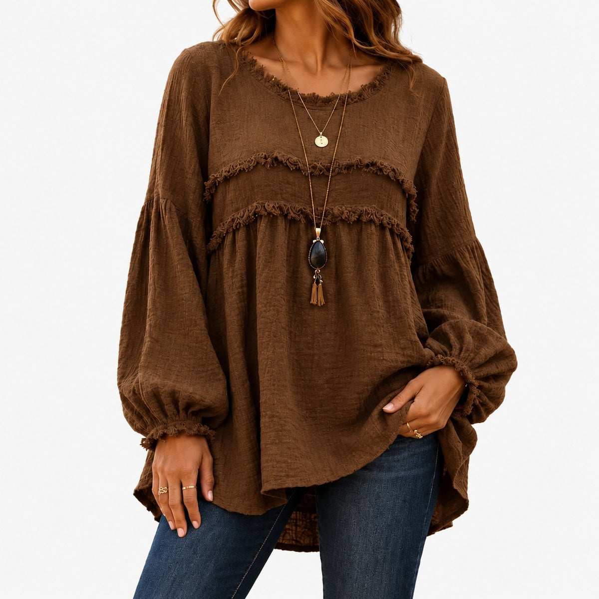 Ada Relaxed Fit Fringe Trim Tunic Top — Brown | Hudson & Wells