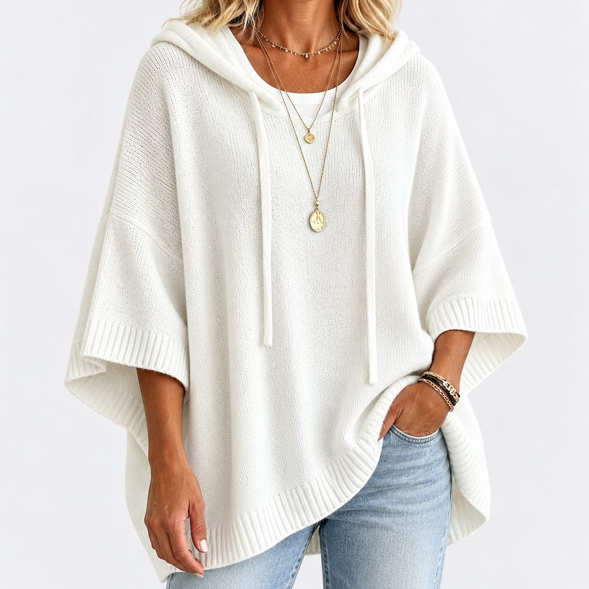 Agatha Relaxed Fit Hooded Poncho, Ribbed Trim — White | Hudson & Wells