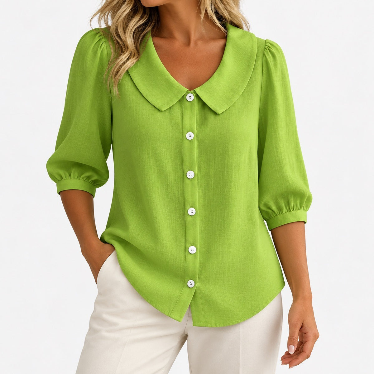 Doreen Relaxed Fit Peter Pan Collar Blouse — Light Green | Hudson & Wells