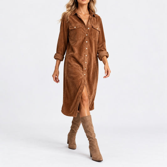 Edwina Relaxed Fit Midi Shirt Dress — Brown | Hudson & Wells
