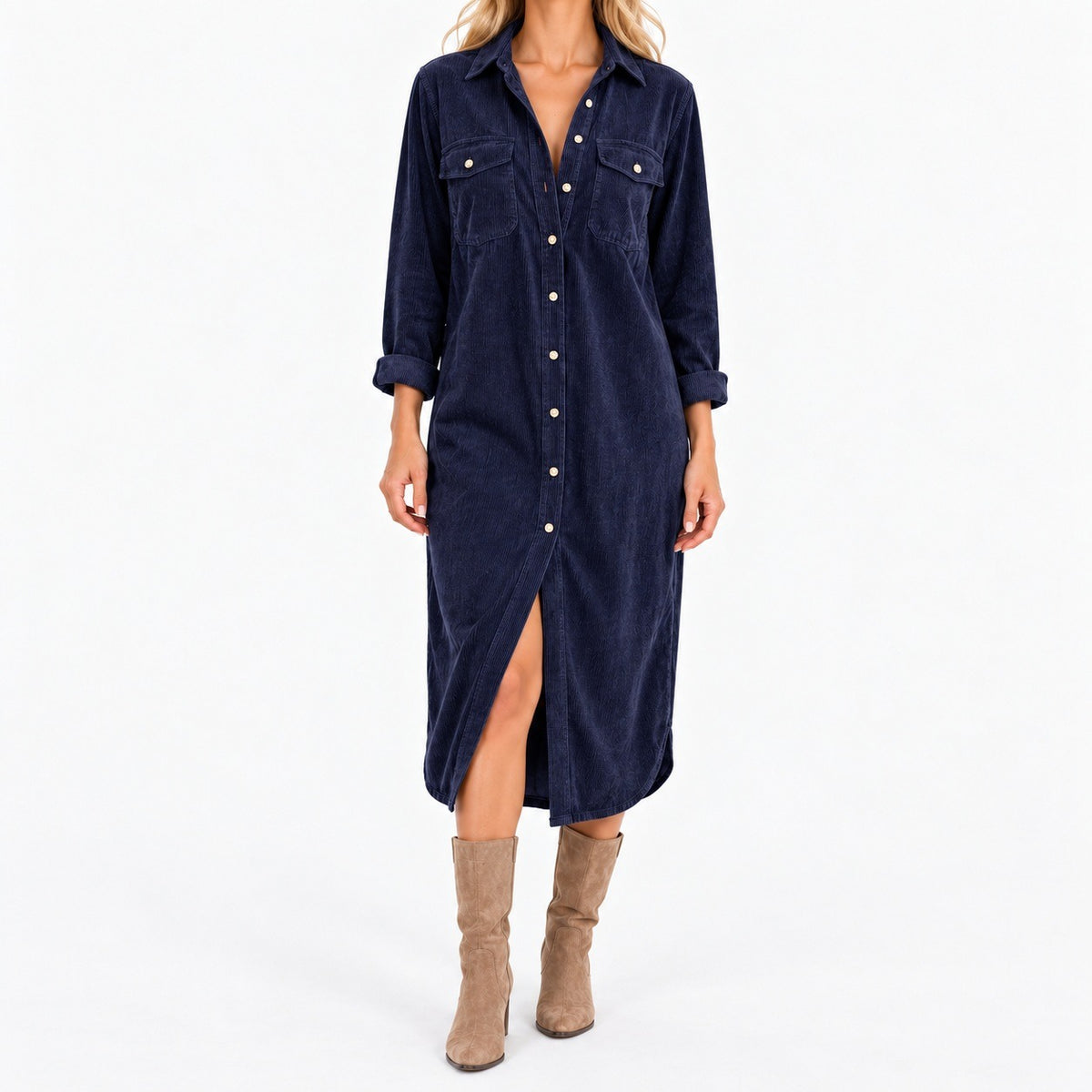 Edwina Relaxed Fit Midi Shirt Dress — Navy | Hudson & Wells