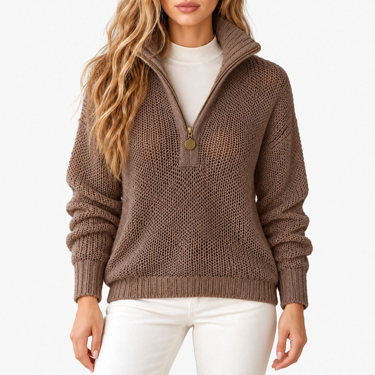 Georgina Soft Half-Zip Collared Pullover — Coffee | Hudson & Wells