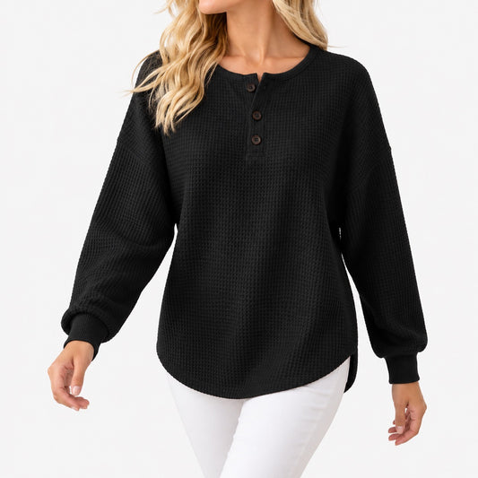 Ivy Relaxed Fit Waffle-Knit Henley Top — Solid Black | Hudson & Wells