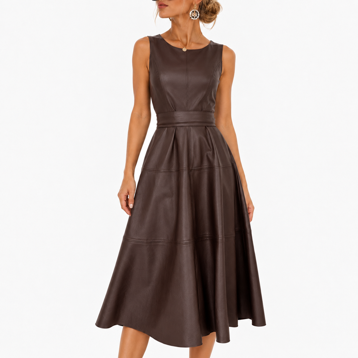 Lorelei Defined-Waist Midi Dress — Coffee | Hudson & Wells