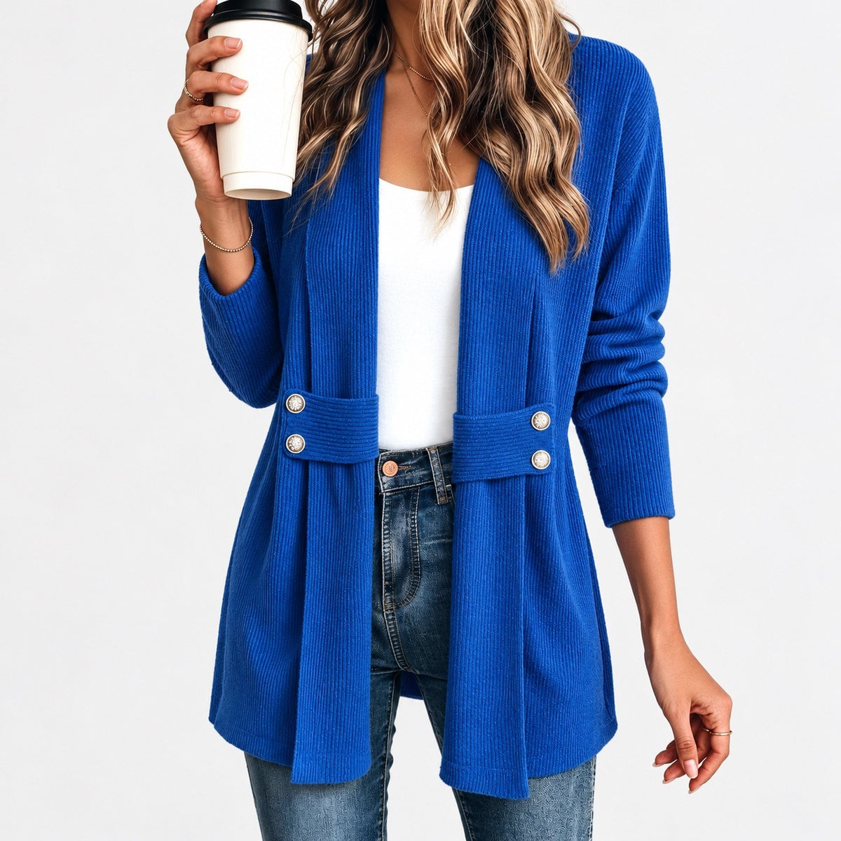 Marilyn Relaxed Fit Ribbed Jacket, Waist Tabs — Royal Blue | Hudson & Wells