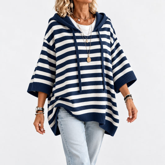 Rhoda Striped Wide-Sleeve Hooded Poncho — Navy / Stripe | Hudson & Wells
