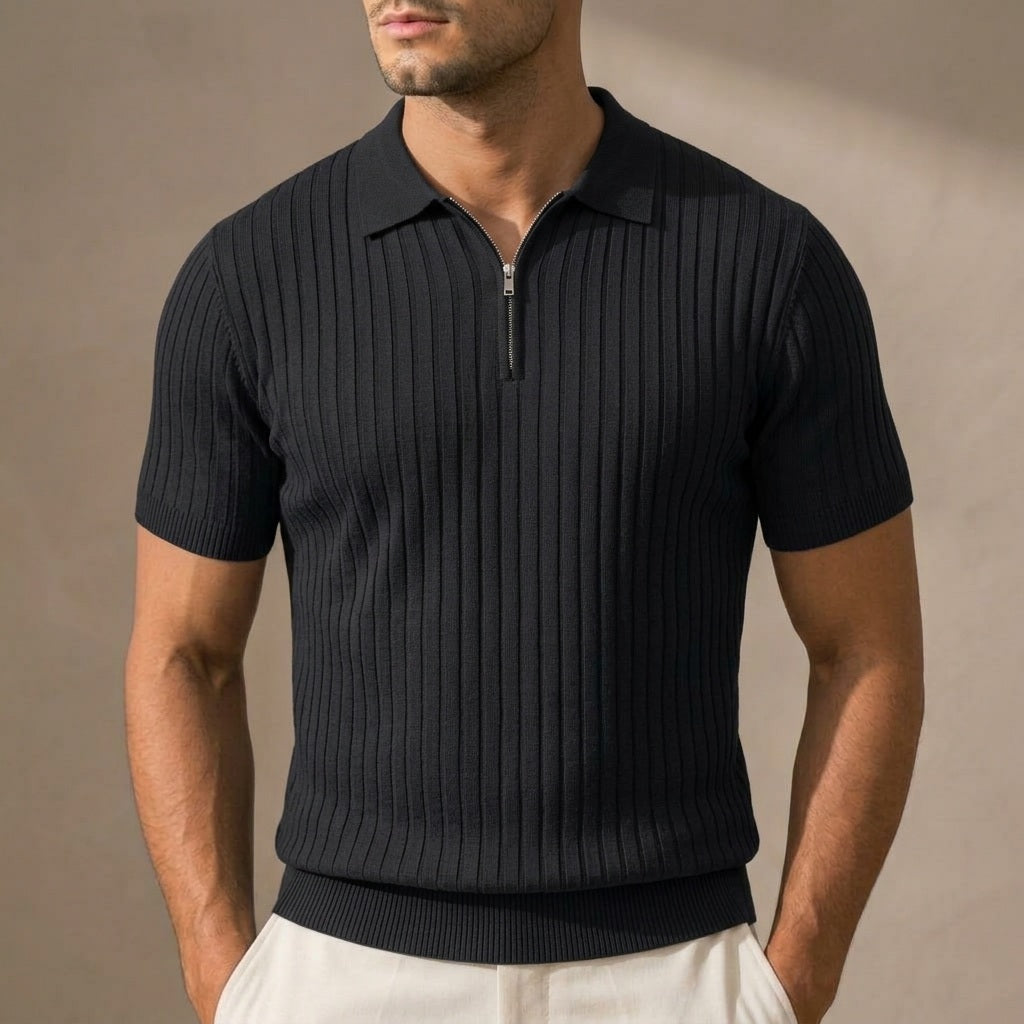 Hudson Ribbed Zip Polo in black on model