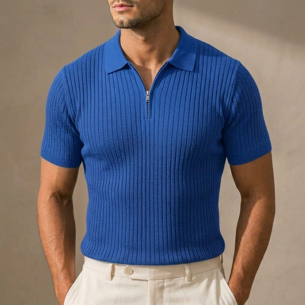 Hudson Ribbed Zip Polo in Royal Blue on model