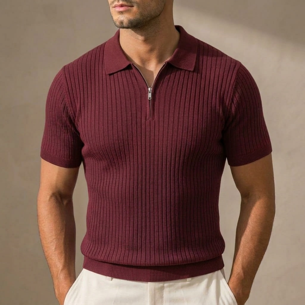 Hudson Ribbed Zip Polo in Wine red on model
