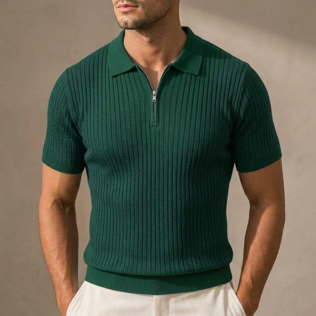 Hudson Ribbed Zip Polo in green on model