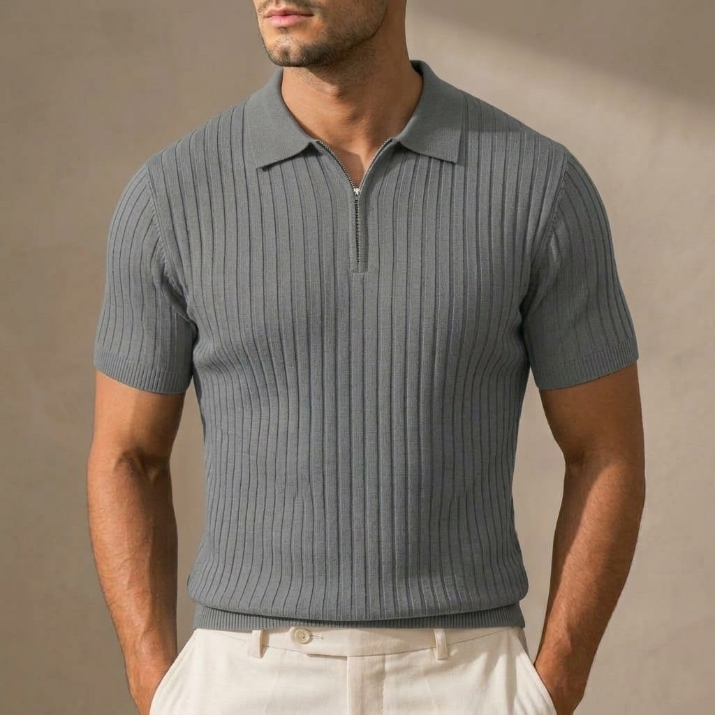 Hudson Ribbed Zip Polo in grey on model