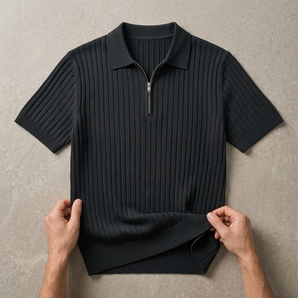 Hudson & Wells Hudson Ribbed Zip Polo product image - flat lay with hands