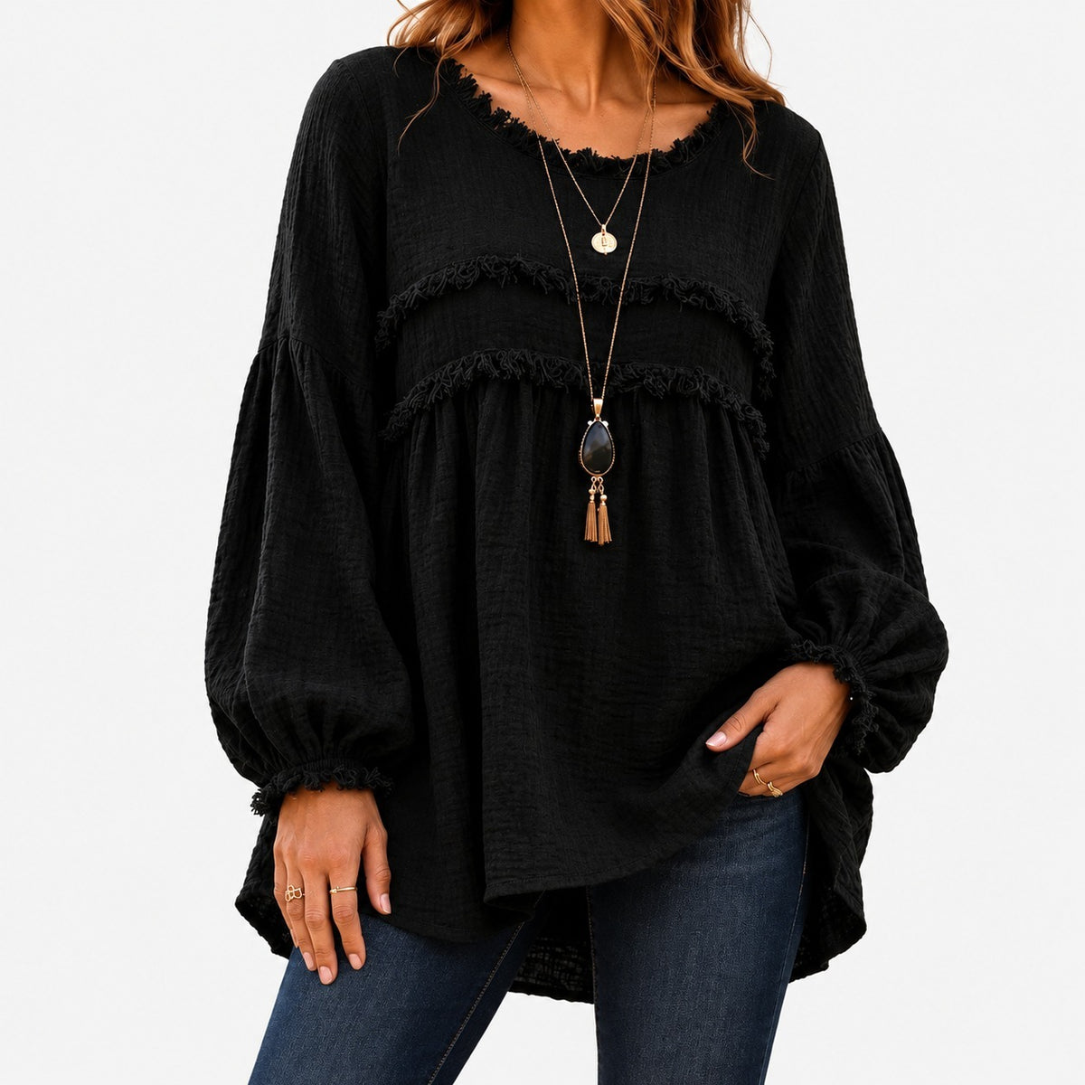 Ada Relaxed Fit Fringe Trim Tunic Top — Black | Hudson & Wells