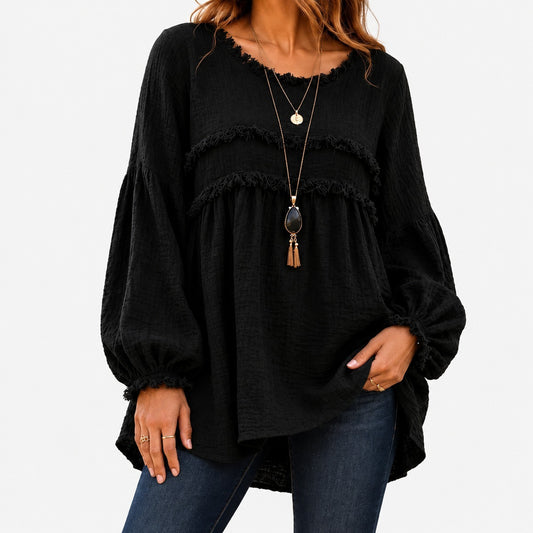 Ada Relaxed Fit Fringe Trim Tunic Top — Black | Hudson & Wells