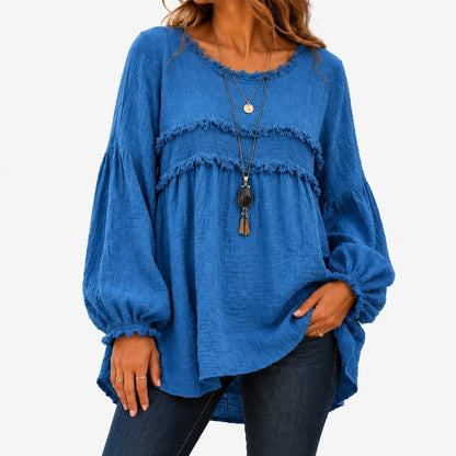 Ada Relaxed Fit Fringe Trim Tunic Top — Blue | Hudson & Wells