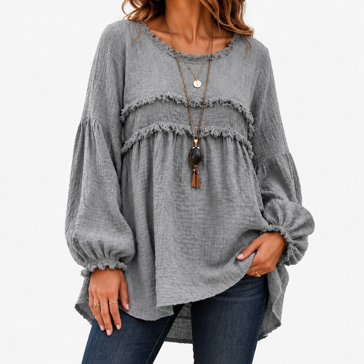 Ada Relaxed Fit Fringe Trim Tunic Top — Gray | Hudson & Wells