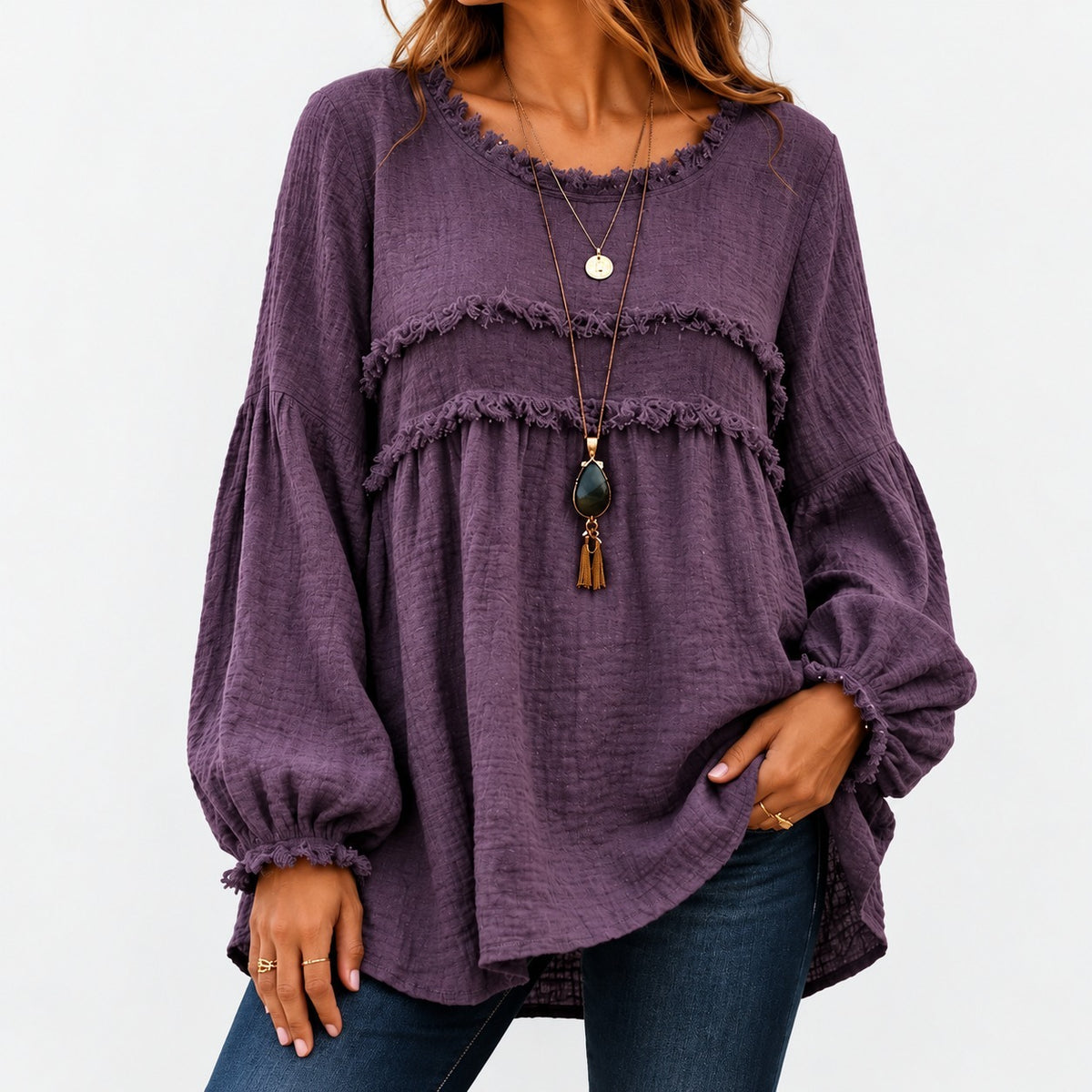 Ada Relaxed Fit Fringe Trim Tunic Top — Purple | Hudson & Wells