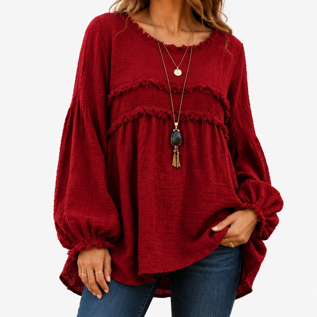 Ada Relaxed Fit Fringe Trim Tunic Top — Red | Hudson & Wells