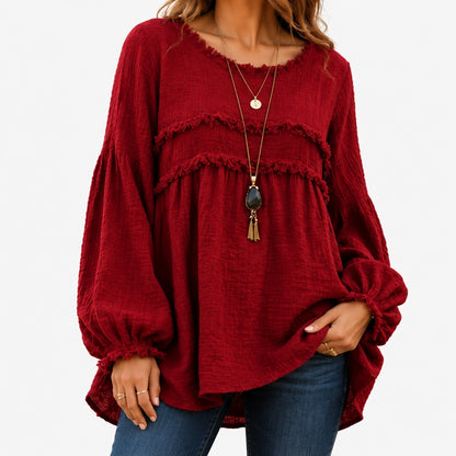 Ada Relaxed Fit Fringe Trim Tunic Top — Red | Hudson & Wells