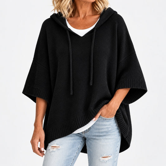 Agatha Relaxed Fit Hooded Poncho, Ribbed Trim — Black | Hudson & Wells