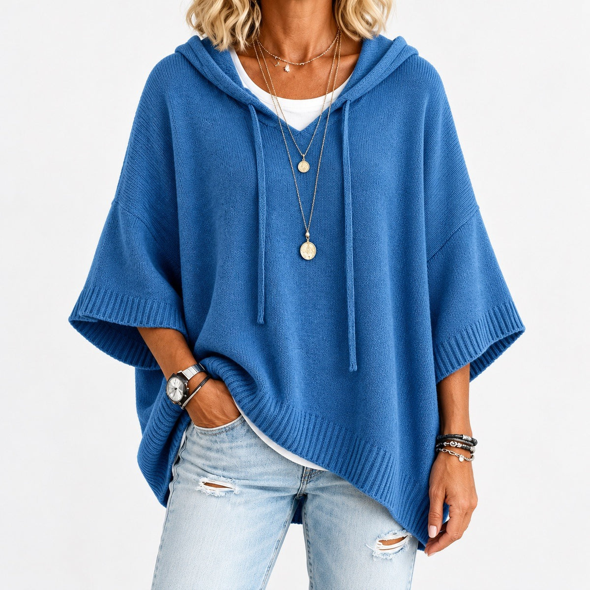 Agatha Relaxed Fit Hooded Poncho, Ribbed Trim — Blue | Hudson & Wells