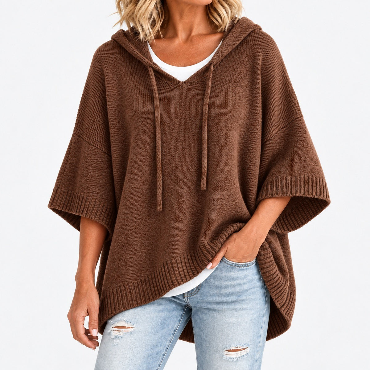 Agatha Relaxed Fit Hooded Poncho, Ribbed Trim — Brown | Hudson & Wells