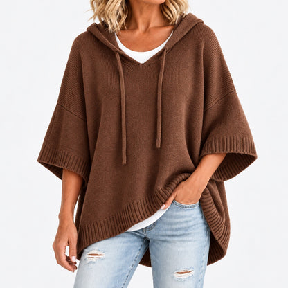 Agatha Relaxed Fit Hooded Poncho, Ribbed Trim — Brown | Hudson & Wells