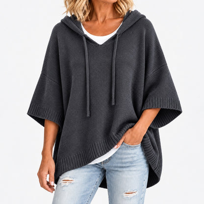 Agatha Relaxed Fit Hooded Poncho, Ribbed Trim — Gray | Hudson & Wells
