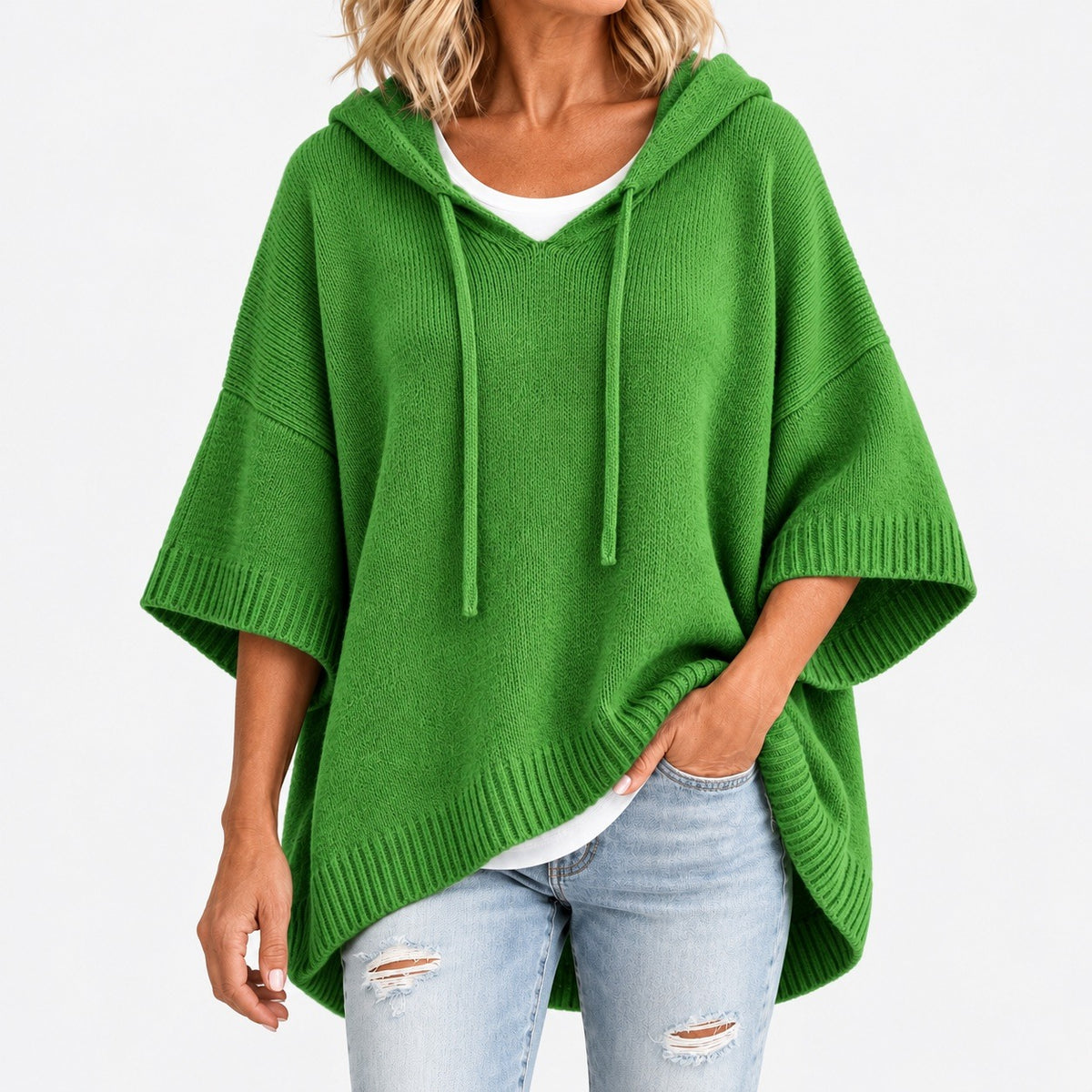 Agatha Relaxed Fit Hooded Poncho, Ribbed Trim — Green | Hudson & Wells