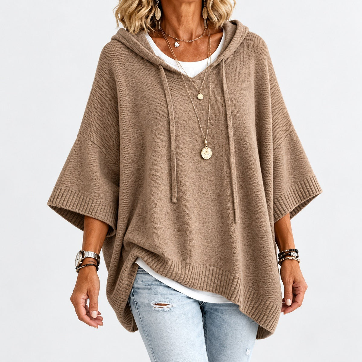 Agatha Relaxed Fit Hooded Poncho, Ribbed Trim — Khaki | Hudson & Wells