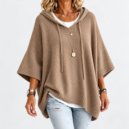 Agatha Relaxed Fit Hooded Poncho, Ribbed Trim — Khaki | Hudson & Wells