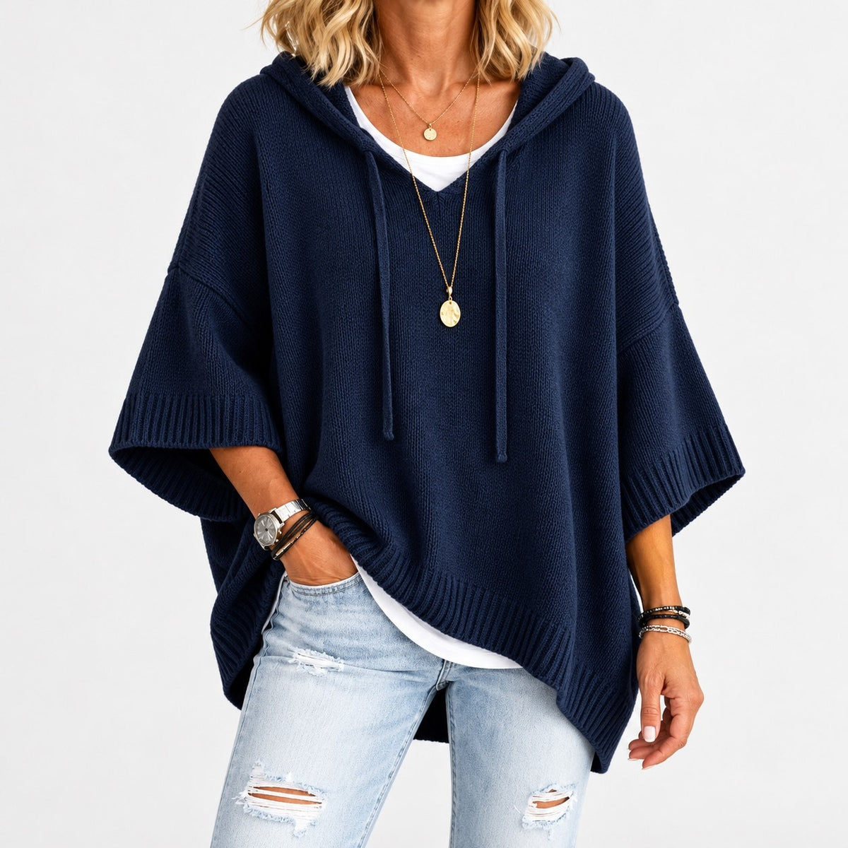 Agatha Relaxed Fit Hooded Poncho, Ribbed Trim — Navy | Hudson & Wells