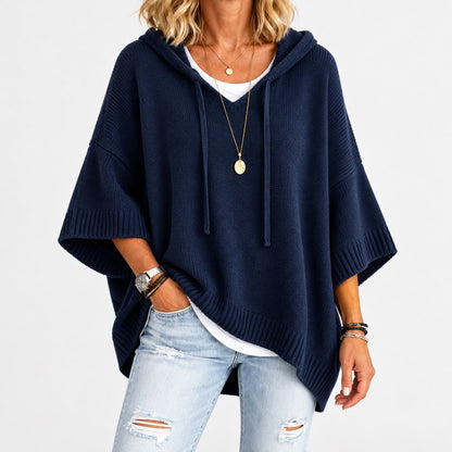 Agatha Relaxed Fit Hooded Poncho, Ribbed Trim — Navy | Hudson & Wells