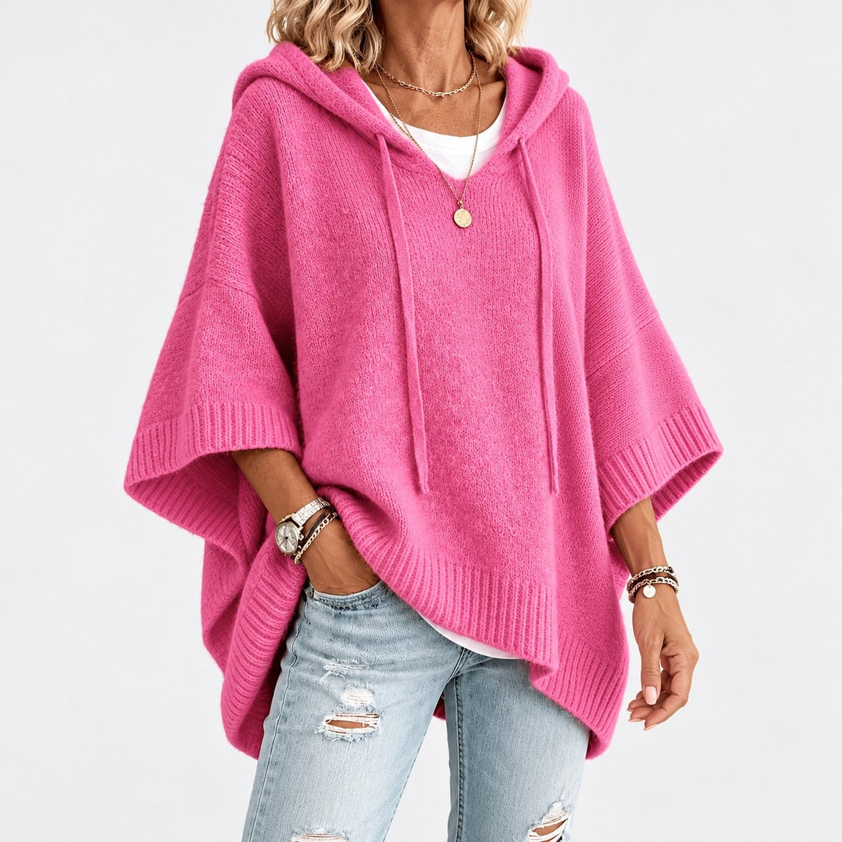 Agatha Relaxed Fit Hooded Poncho, Ribbed Trim — Pink / Red | Hudson & Wells