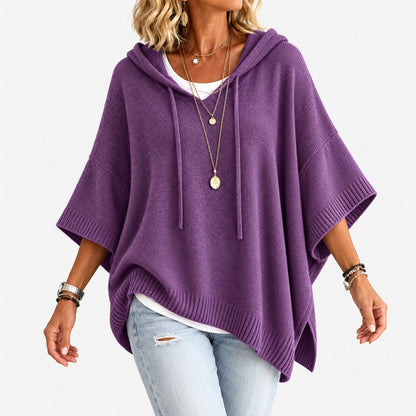 Agatha Relaxed Fit Hooded Poncho, Ribbed Trim — Purple | Hudson & Wells
