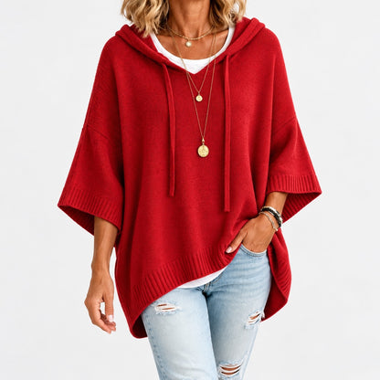 Agatha Relaxed Fit Hooded Poncho, Ribbed Trim — Red | Hudson & Wells