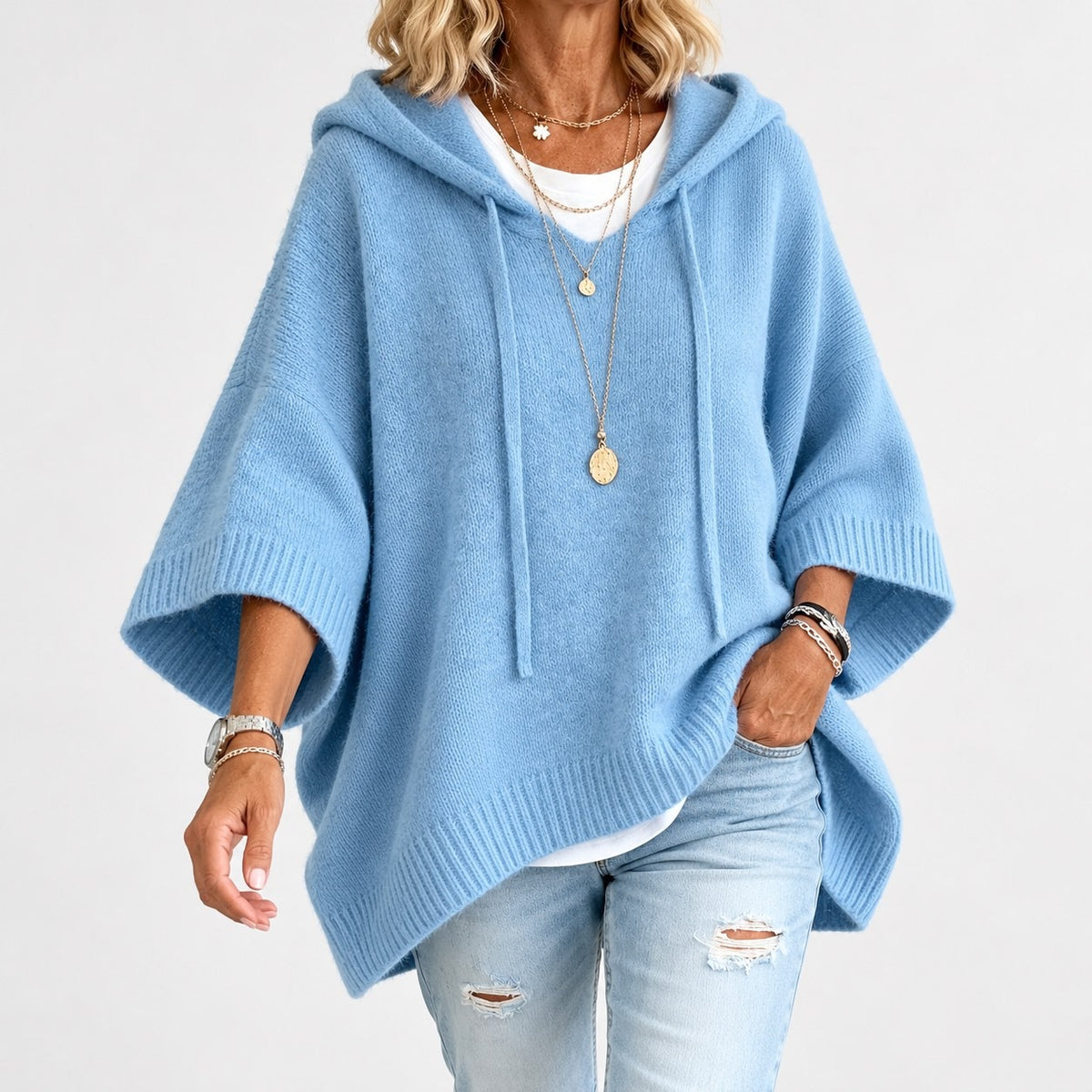 Agatha Relaxed Fit Hooded Poncho, Ribbed Trim — Sky Blue | Hudson & Wells