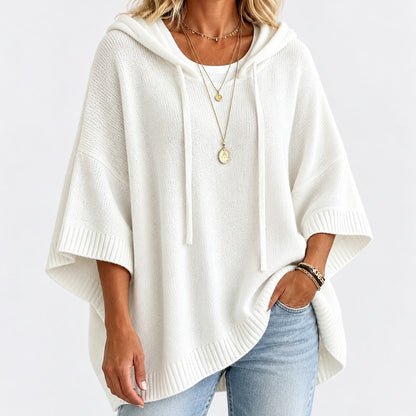 Agatha Relaxed Fit Hooded Poncho, Ribbed Trim — White | Hudson & Wells