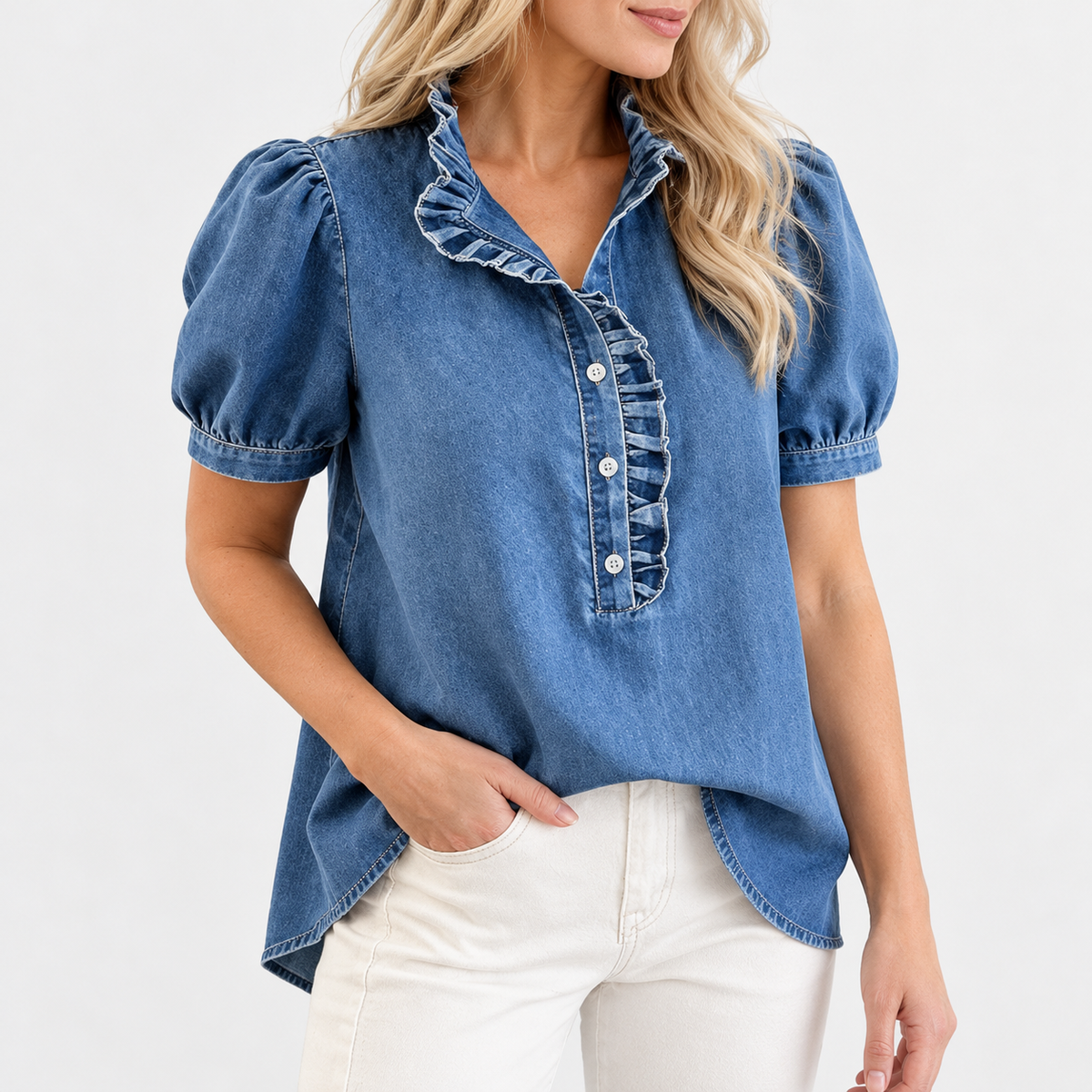 Annie Soft Ruffle-Neck Blouse, Puff Sleeves | Hudson & Wells
