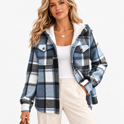Arden Breathable Plaid Shirt Jacket, Lined Hood — Blue | Hudson & Wells