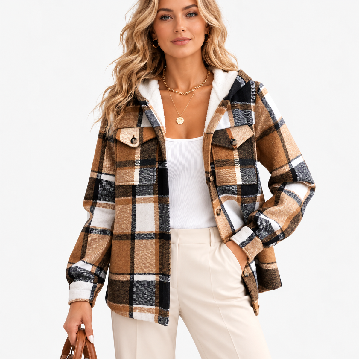 Arden Breathable Plaid Shirt Jacket, Lined Hood — Khaki | Hudson & Wells