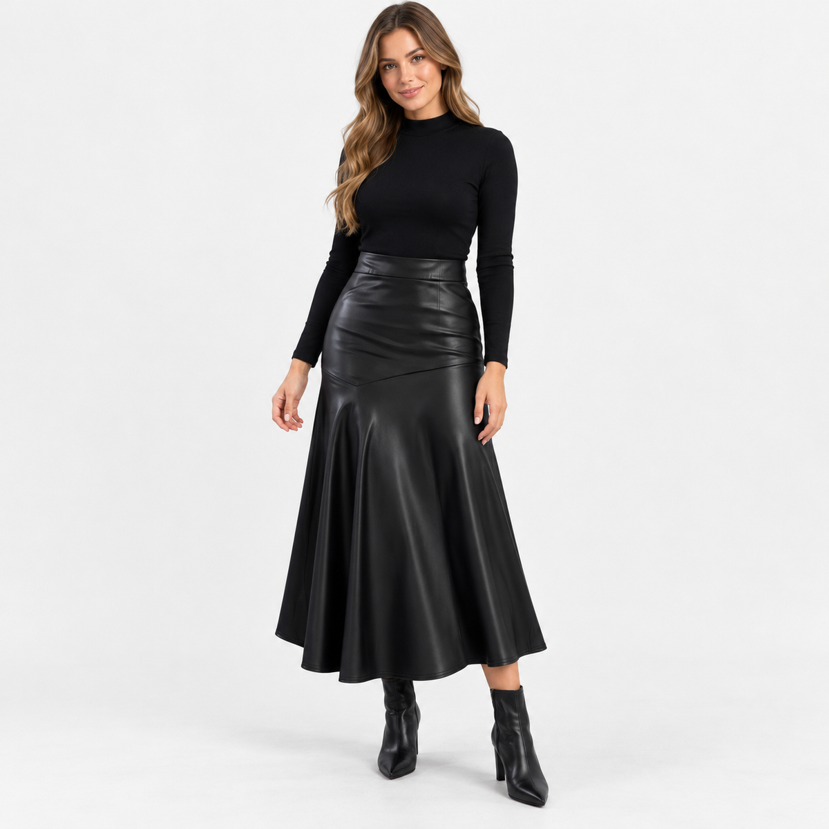 Ardith Comfort Flared Midi Skirt — Black | Hudson & Wells
