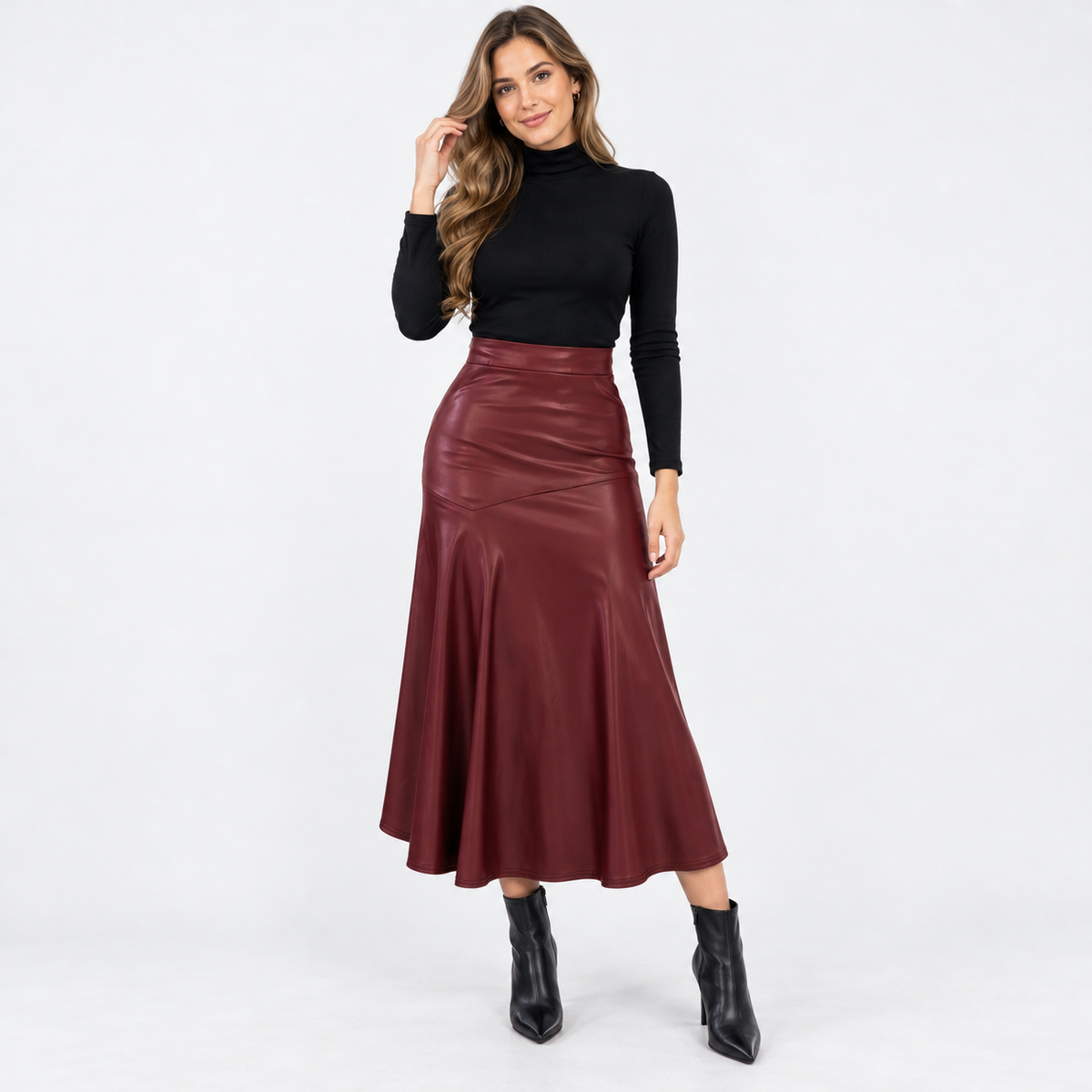 Ardith Comfort Flared Midi Skirt — Burgundy | Hudson & Wells
