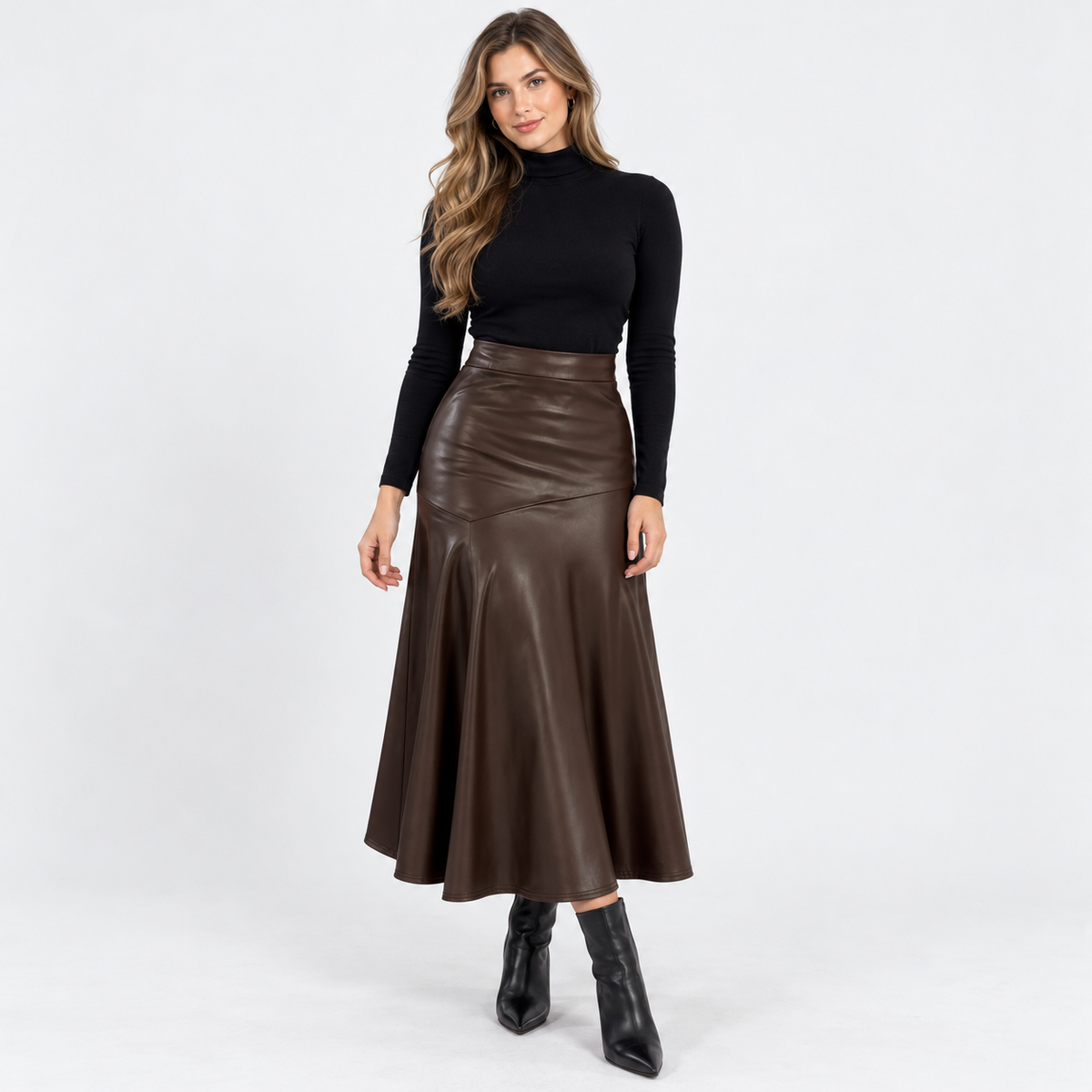 Ardith Comfort Flared Midi Skirt — Dark Brown | Hudson & Wells