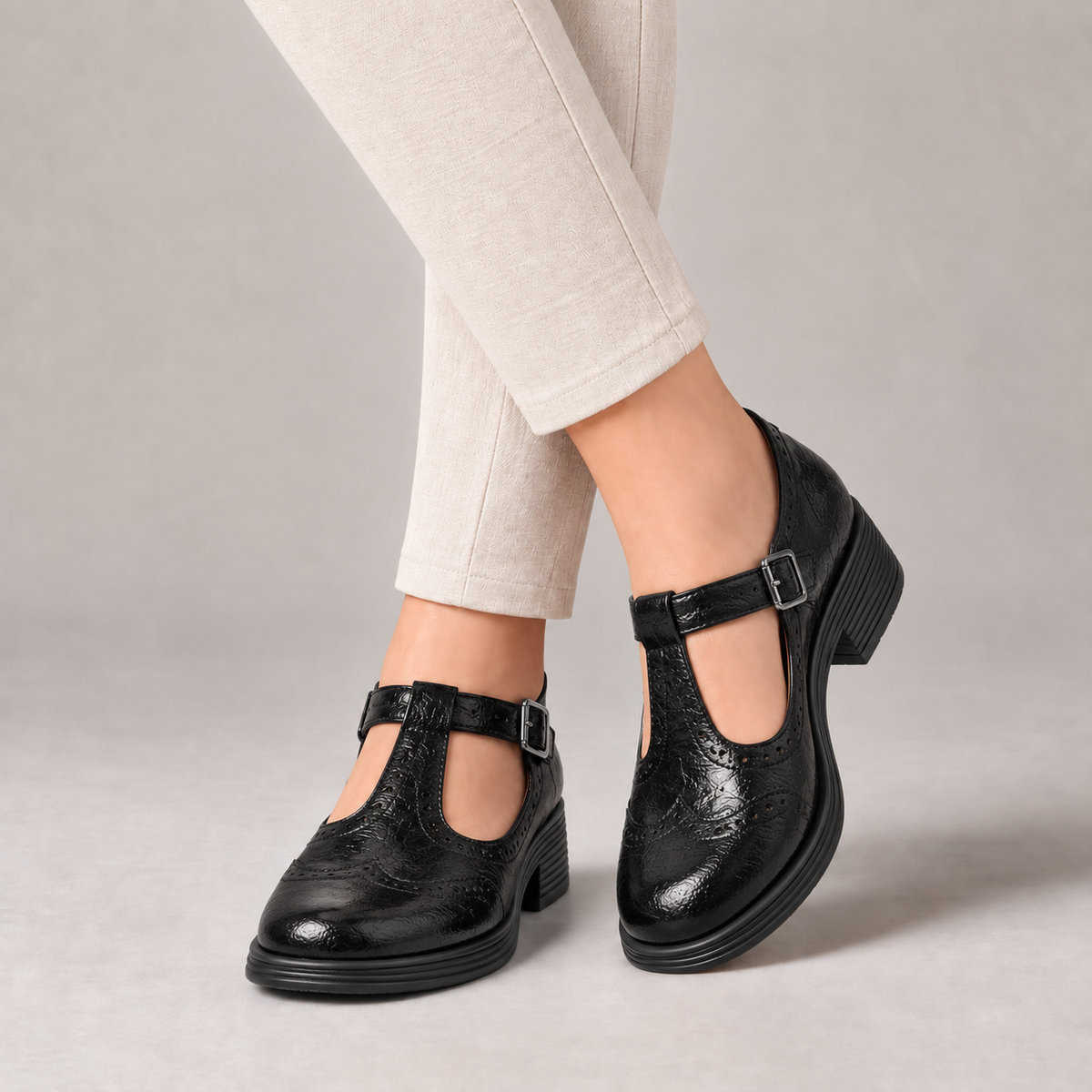 Augusta Wingtip T-Bar Mary Janes — Black | Hudson & Wells