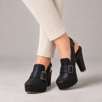 Betsy Adjustable Platform Slingback Heels — Black | Hudson & Wells