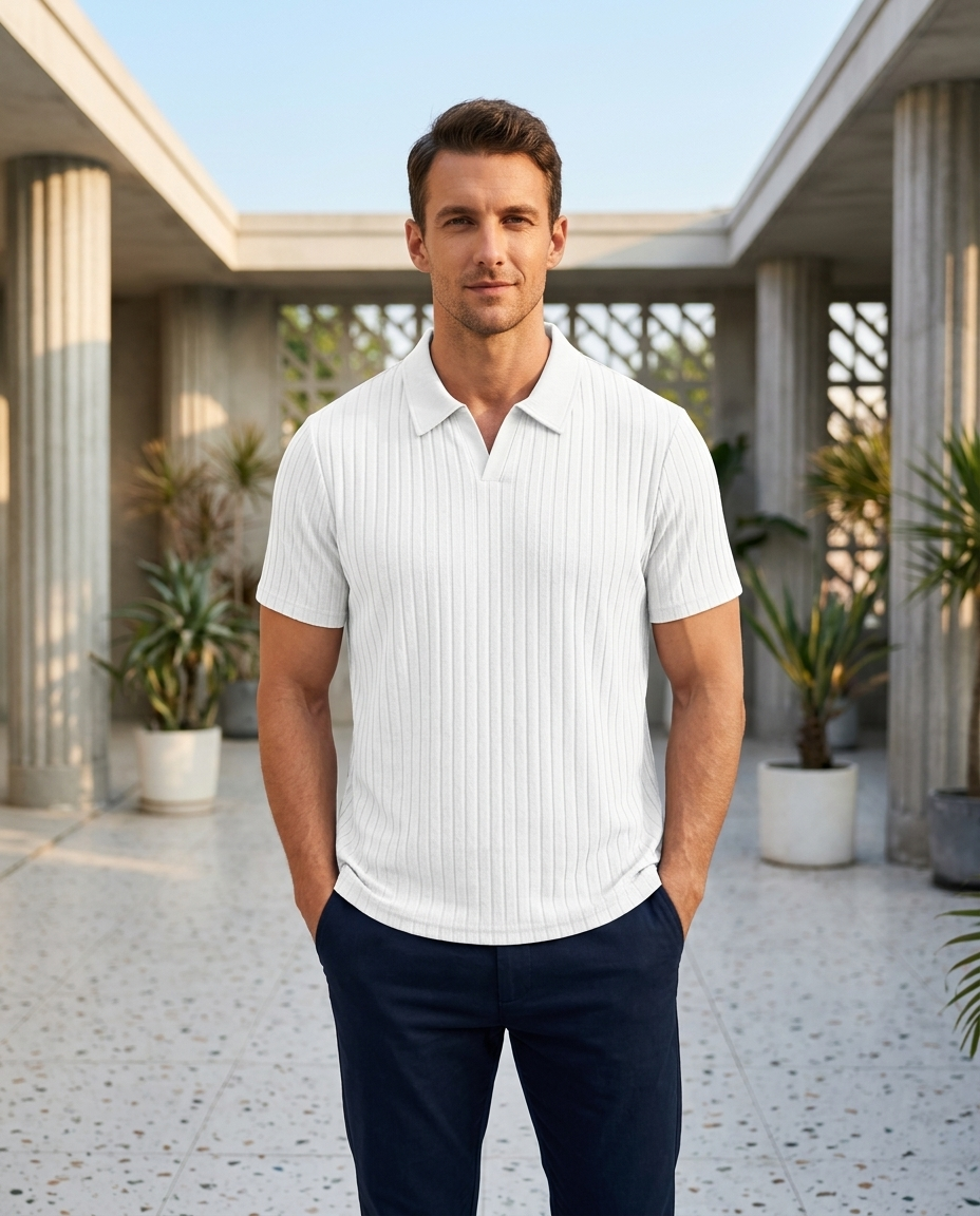 Brooks Ribbed Open-Collar Polo | Hudson & Wells