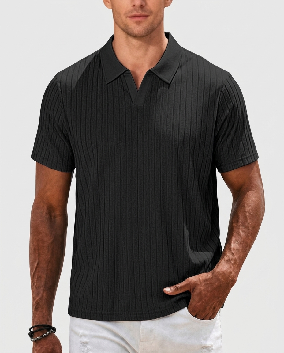 Brooks Ribbed Open-Collar Polo — Black | Hudson & Wells
