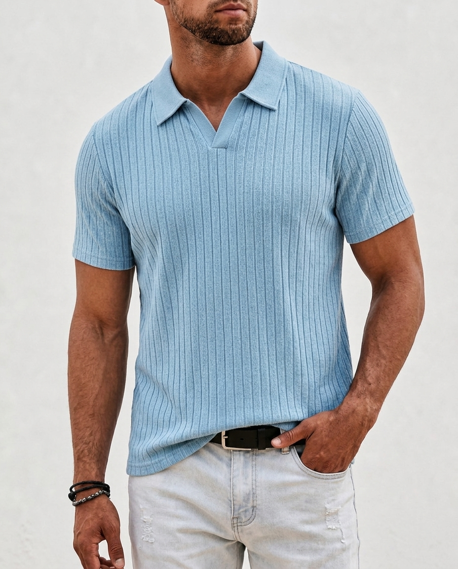 Brooks Ribbed Open-Collar Polo — Blue | Hudson & Wells