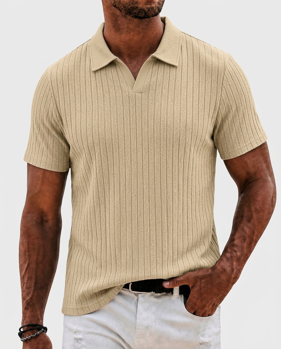 Brooks Ribbed Open-Collar Polo — Khaki | Hudson & Wells